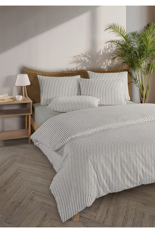 Striped %100 Pamuk Ranforce Yezra Haki Ipliği Boyalı Nevresim Takımı Çift Kişilik - 200x220 Cm
