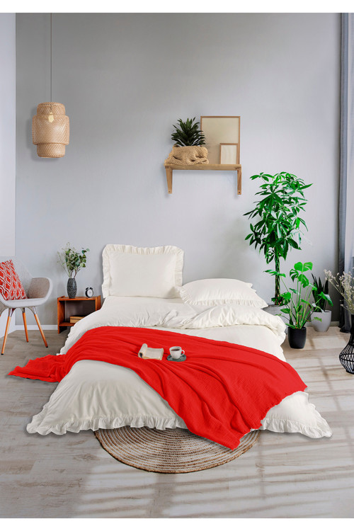 %100 Pamuk 4 kat Müslin Çift Kişilik Yatak Örtüsü Kırmızı 200 x 230 cm