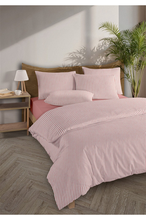Striped %100 Pamuk Ranforce Yezra Kırmızı Ipliği Boyalı Nevresim Takımı Çift Kişilik - 200x220 Cm