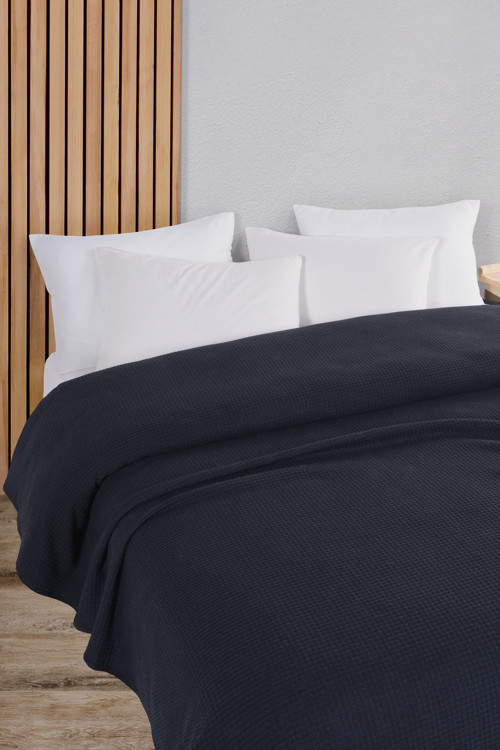 Pamuklu Aden Lacivert Çok Amaçlı Yatak Örtüsü Çift Kişilik - 200x230 Cm