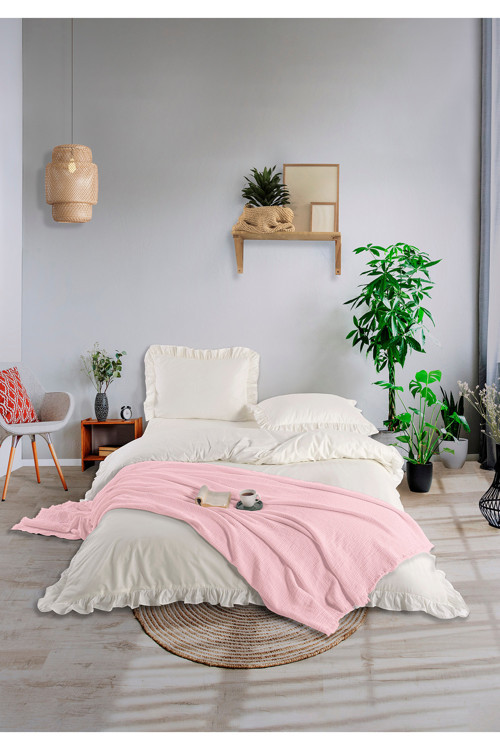 %100 Pamuk 4 kat Müslin Çift Kişilik Yatak Örtüsü Pembe 200 x 230 cm