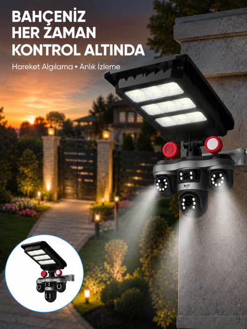 tekno Güneş Enerjili 3 Lens Akıllı Güvenlik Kamerası LED Projektörlü Dış Mekan Koruma Sist