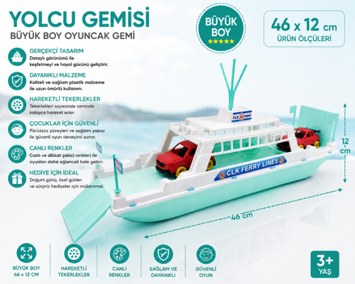 46 cm Büyük Yolcu Gemisi Oyuncak – Hareketli Tekerlekli Feribot