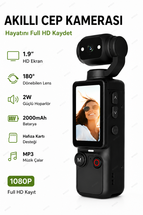 Blc Mini Wifi Vlog Kamera Akıllı Cep Kamerası 180° Dönebilen Lens 1080P Full Hd Kamera 1.9'' Ekran MP3 Çalar 2000mAh Batarya Taşınabilir Klipsli Mini Video Aksiyon Kamera
