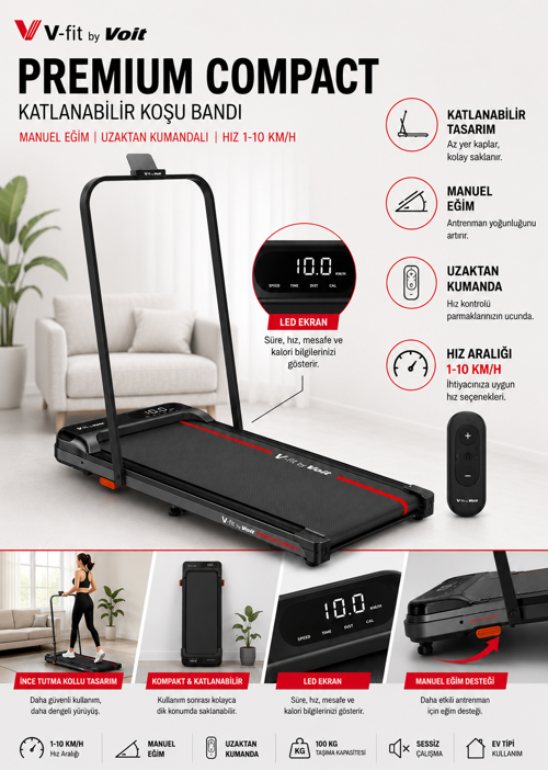Premium Compact Katlanabilir Koşu Bandı – Manuel Eğimli & Uzaktan Kumandalı
