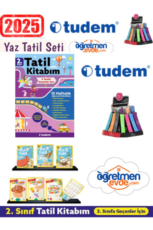 Tudem 2025 2.Sınıf 12 Haf. Tatil Kitabı+Öğretmen Evde 2.Sınıf Yaz Tatil Kitabı Seti(Yeni)+Kalemlik