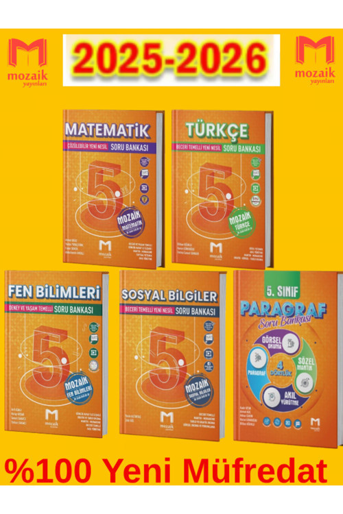 Güncel Mozaik Yeni Müfredat 5.Sınıf Mat-Fen-Türkçe-Fen-Paragraf 5 Kitap Soru Bankası Seti