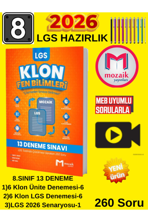 Klon Lgs 8.Sınıf Fen Bilimleri 13 Deneme 2026 - 260 Soru + 100 Tl Tablet Kalemi Birlikte