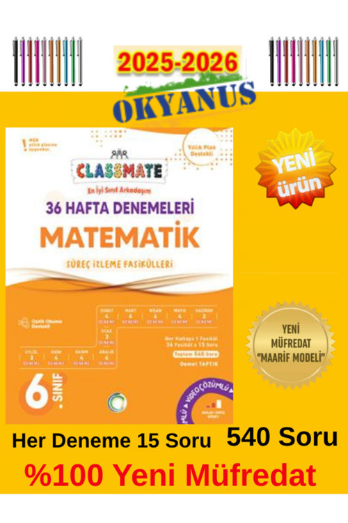 6.Sınıf Güncel Müfredat Matematik %100 Yeni Maarif Müfredat 36 Hafta Deneme+Tablet Kalemi