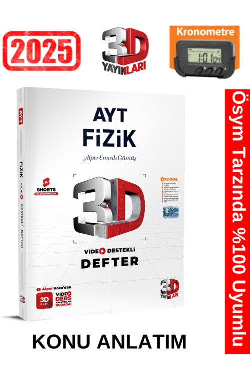 3D Yayınları 2025 Ayt Fizik Video Destekli Defter+Kronometre