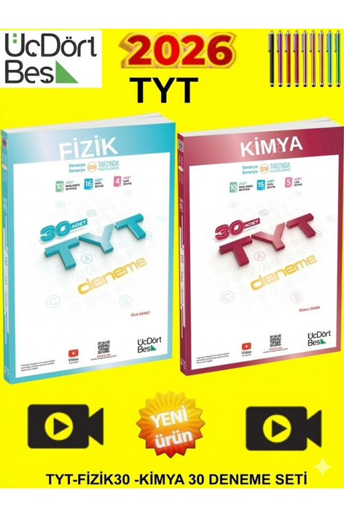 Güncel 2026 Müfredat Üçdörtbeş Tyt Fizik 20-Kimya 20 Deneme+Tablet Kalem Dahil Deneme Set