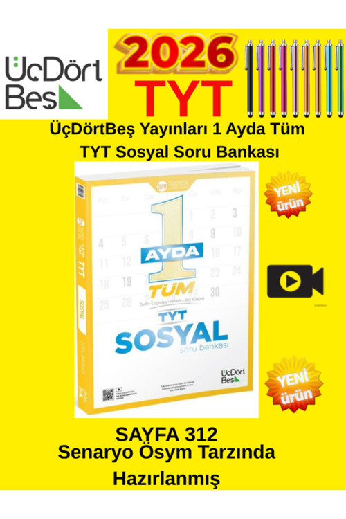 Üçdörtbeş Yayınları 1 Ayda Tüm Tyt Sosyal Soru Bankası+Android Uyumlu Dokunmatik Kalem