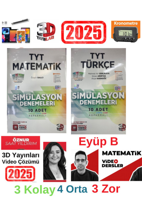 3D 2025 Tyt Türkçe 10 Matematik10 Öznur Hoca-Eyüp B.Video Çözümlü Deneme+Android Kalem+Kronometre