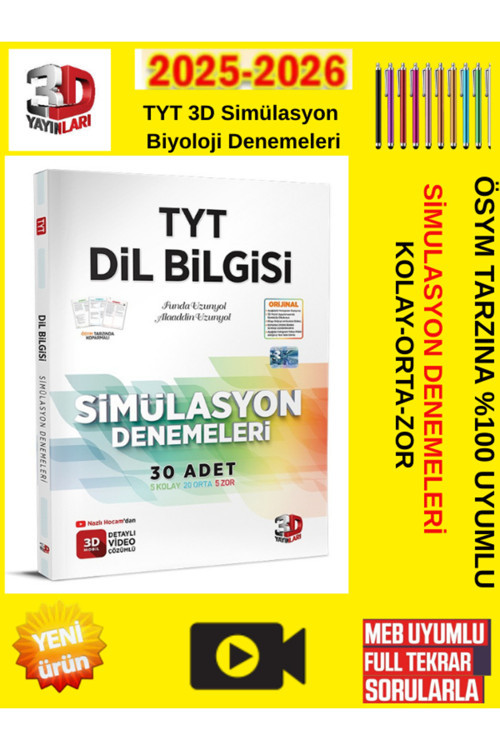3D Yayınları Tyt Dil Bilgisi Simülasyon Denemeleri Detaylı Video Çözümlü+Tablet Kalem