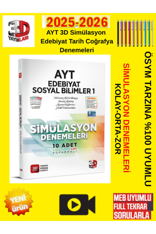 3D Yayınları Ayt Edebiyat Sosyal Bilimler 1 Simülasyon Denemeleri+Android Kalem
