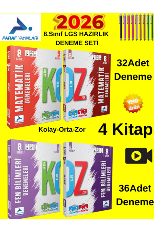 Paraf 2026 Lgs Matematik-Fen 1.-2.Kitap 4 Kitap Deneme Set+Android Kalem +Kolay-Orta-Zor Deneme