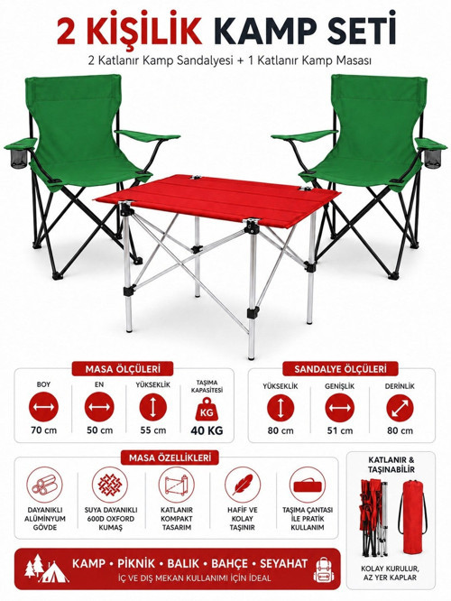 2 Sandalyeli Katlanır Kamp Seti Masa ve Sandalye Takımı