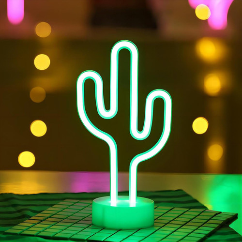 Neon Işıklı Kaktüs Masa Gece Lambası - Pil+USB - ETT Aydınlatma