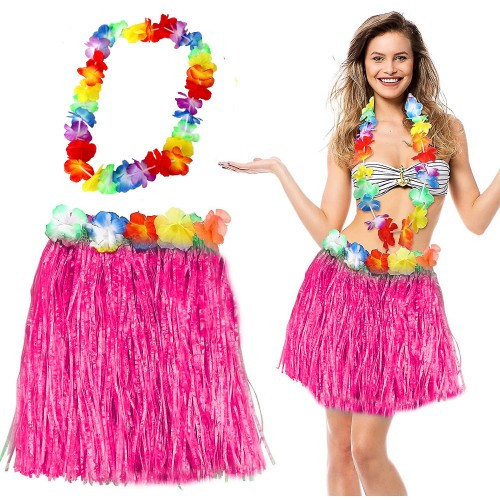 ETT Hawaii Luau Aloha Pembe Püsküllü 40 cm Etek ve Kolye Seti