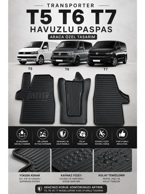 Volkswagen Transporter T5 T6 T7 Havuzlu Oto Paspas 3 Parça Araca Özel Siyah Kaymaz Su Geçirmez