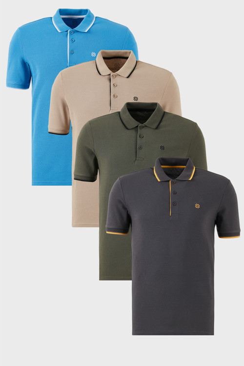 Pamuklu Slim Fit Şerit Detaylı Düğmeli Polo Yaka 4'lü Paket Erkek T Shirt 5902118S4 Antrasit-Haki-Koyu Mavi-Vizon