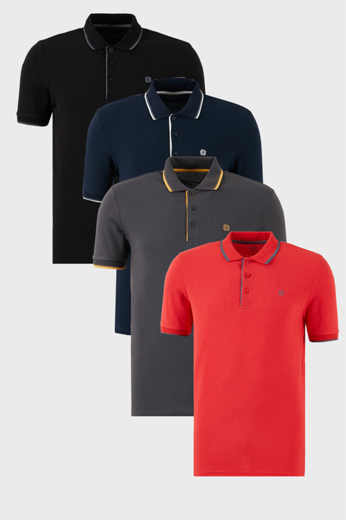 Pamuklu Slim Fit Şerit Detaylı Düğmeli Polo Yaka 4'lü Paket Erkek T Shirt 5902118S4 Siyah-Kırmızı-Antrasit-Lacivert