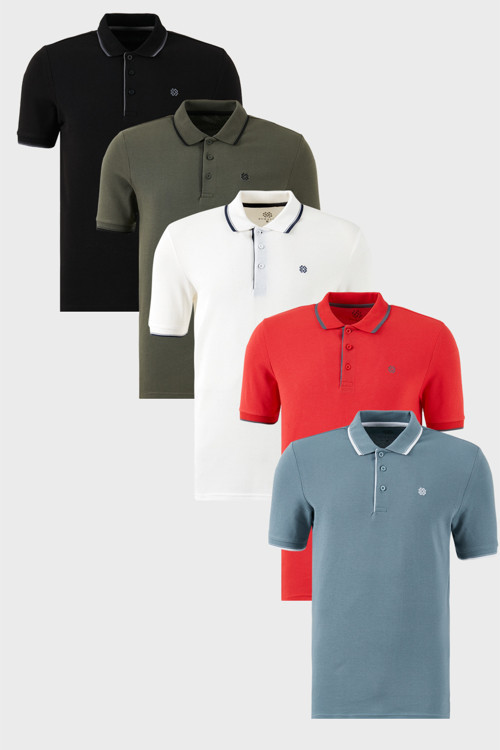 Pamuklu Slim Fit Şerit Detaylı Düğmeli Polo Yaka 5'li Paket Erkek T Shirt 5902118S5 Siyah-Haki-Mavi-Kırmızı-Beyaz
