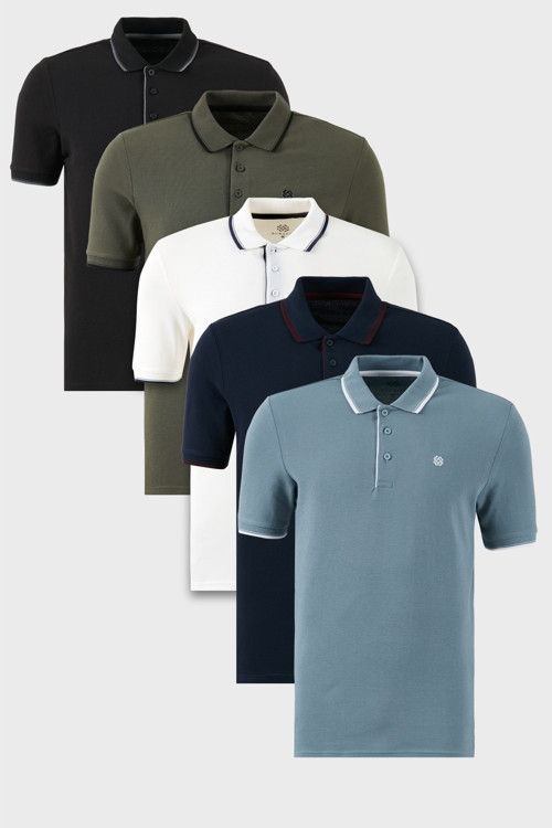 Pamuklu Slim Fit Şerit Detaylı Düğmeli Polo Yaka 5'li Paket Erkek T Shirt 5902118S5 SİYAH-HAKİ-MAVİ-LACİVERTBORDO-BEYAZ
