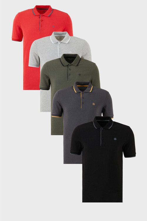 Pamuklu Slim Fit Şerit Detaylı Düğmeli Polo Yaka 5'li Paket Erkek T Shirt 5902118S5 Siyah-Kırmızı-Antrasit-Haki-Gri Melanj