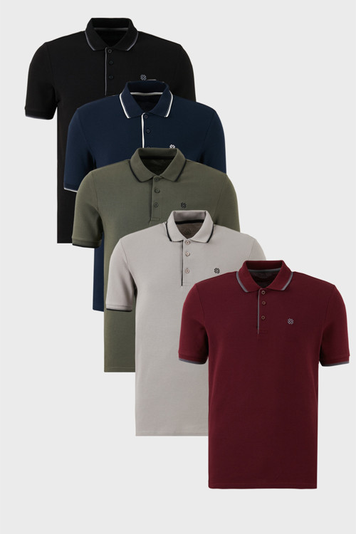 Pamuklu Slim Fit Şerit Detaylı Düğmeli Polo Yaka 5'li Paket Erkek T Shirt 5902118S5 Siyah-Vişne-Haki-Lacivert-Taş