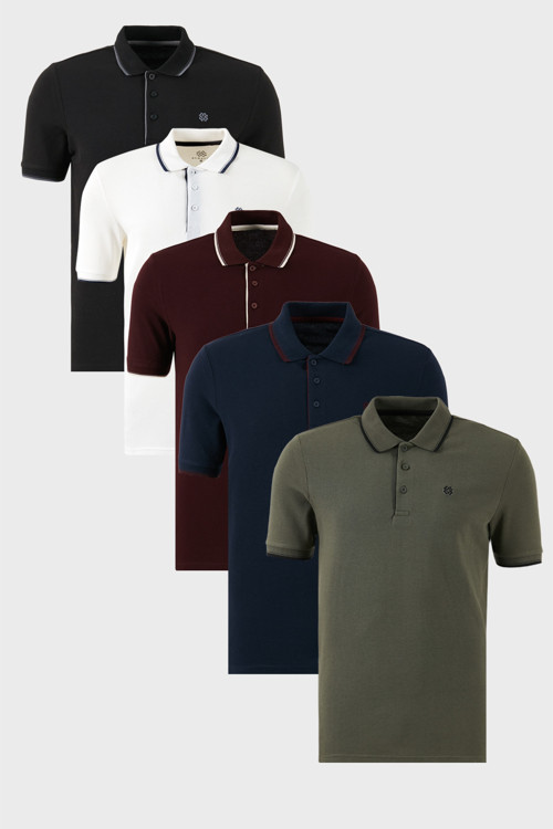 Pamuklu Slim Fit Şerit Detaylı Düğmeli Polo Yaka 5'li Paket Erkek T Shirt 5902118S5 SİYAH-LACİVERTBORDO-BEYAZ-VişneBeyaz-HAKİ