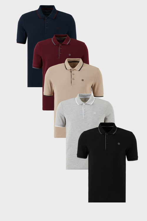 Pamuklu Slim Fit Şerit Detaylı Düğmeli Polo Yaka 5'li Paket Erkek T Shirt 5902118S5 Siyah-Vişne-Gri Melanj-Vizon-Lacivert-Bordo