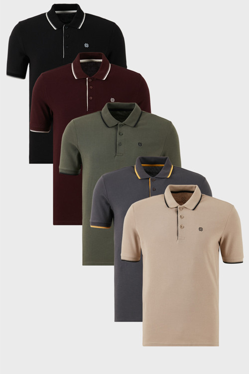 Pamuklu Slim Fit Şerit Detaylı Düğmeli Polo Yaka 5'li Paket Erkek T Shirt 5902118S5 SİYAH-BEYAZ-HAKİ-VişneBeyaz-ANTRASİTVİZON