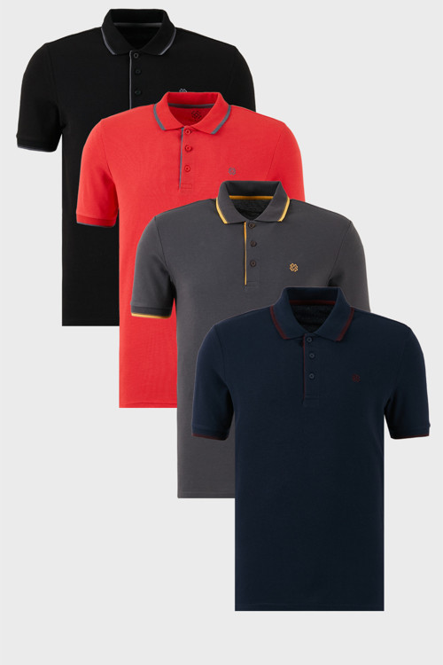 Pamuklu Slim Fit Şerit Detaylı Düğmeli Polo Yaka 4'lü Paket Erkek T Shirt 5902118S4 Siyah-Kırmızı-Antrasit-Lacivert-Bordo