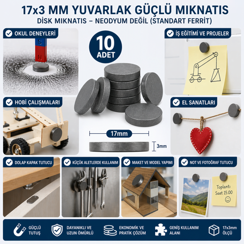 ETT 10 Adet Mıknatıs 17x3 mm Yuvarlak Güçlü Disk Mıknatıs