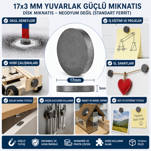 ETT 17x3 mm Yuvarlak Güçlü Disk Mıknatıs - Ferrit Mıknatıs, Hobi ve Deney İçin