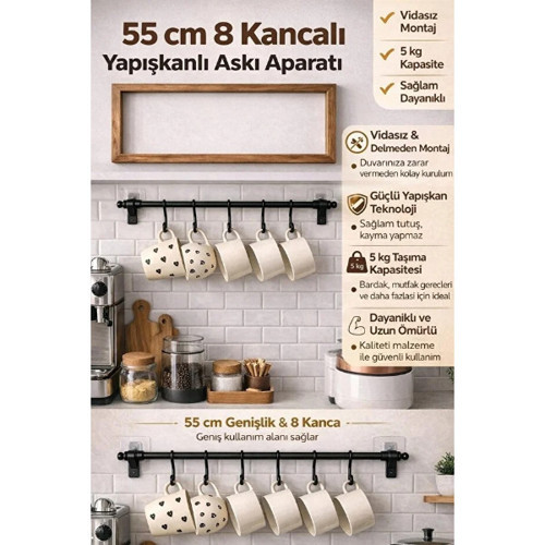 ETT 8 Kancalı Yapışkanlı Askı Aparatı - Vidasız Montaj, Mutfak ve Banyo Düzenleyici