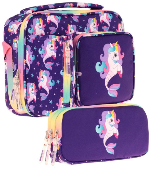 Kids Kız Çocuk Mor Çok Renkli Unicorn ve Denizkızı Üç Bölmeli Thermo Beslenme Çantası ve Kalemlik Seti (L7228+L8228)