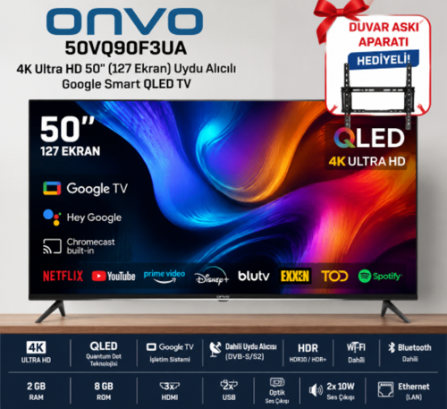 50VQ90F3UA 4K Ultra HD 50" 127 Ekran Uydu Alıcılı Google Smart QLED TV+ASKI APARATI