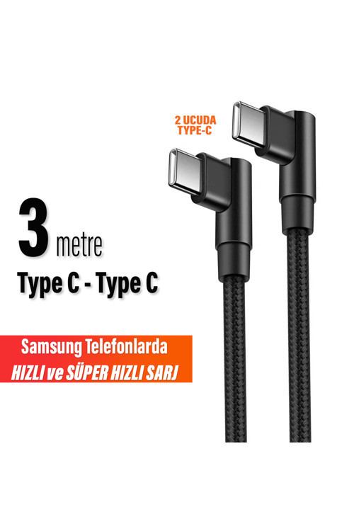 3 Metre TYPE-C Şarj Kablosu HIZLI Şarj Samsung Telefon Tablet Uyumlu Type c to Type C Uzun