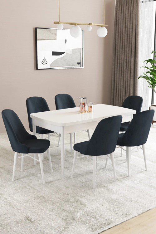 Almira Serisi, Beyaz 80X132 Açılabilir Mdf Mutfak Masası Takımı 6 Adet Sandalye