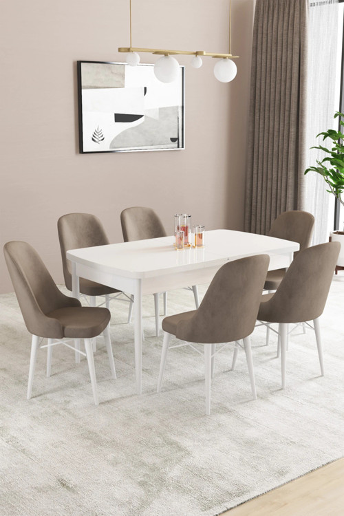 Almira Serisi, Beyaz 80X132 Açılabilir Mdf Mutfak Masası Takımı 6 Adet Sandalye