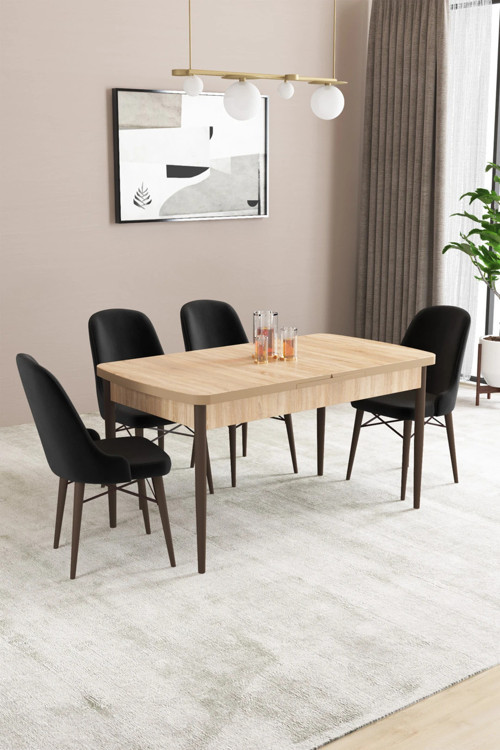 Almira Serisi, Meşe Desen 80X132 Açılabilir Mdf Mutfak Masası Takımı 4 Adet Sandalye