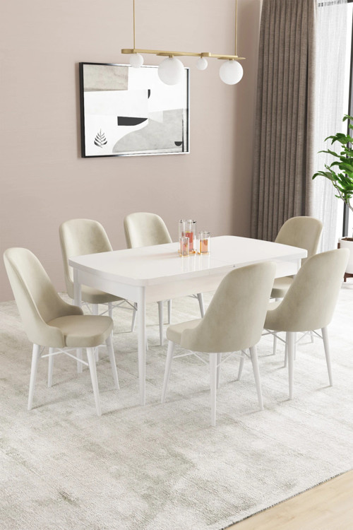 Almira Serisi, Beyaz 80X132 Açılabilir Mdf Mutfak Masası Takımı 6 Adet Sandalye
