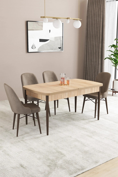Almira Serisi, Meşe Desen 80X132 Açılabilir Mdf Mutfak Masası Takımı 4 Adet Sandalye