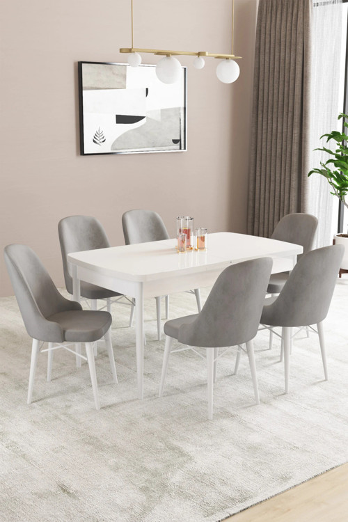 Almira Serisi, Beyaz 80X132 Açılabilir Mdf Mutfak Masası Takımı 6 Adet Sandalye