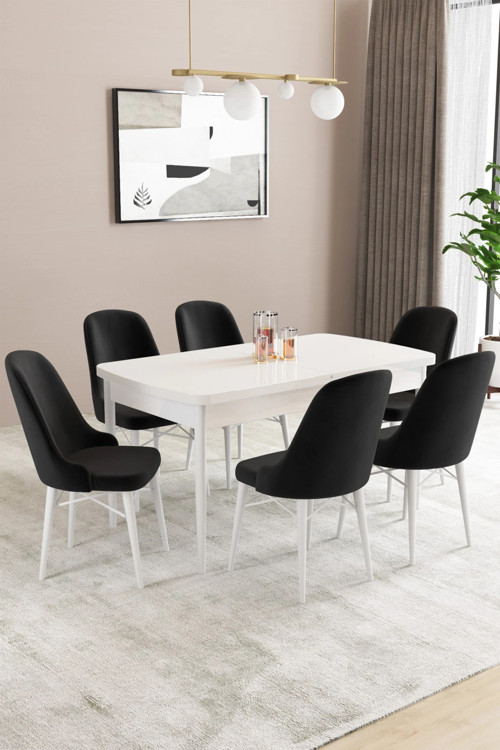 Almira Serisi, Beyaz 80X132 Açılabilir Mdf Mutfak Masası Takımı 6 Adet Sandalye