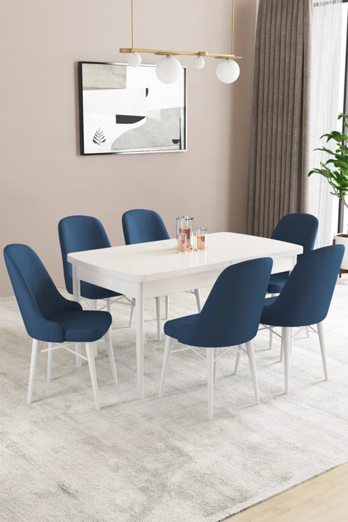 Almira Serisi, Beyaz 80X132 Açılabilir Mdf Mutfak Masası Takımı 6 Adet Sandalye