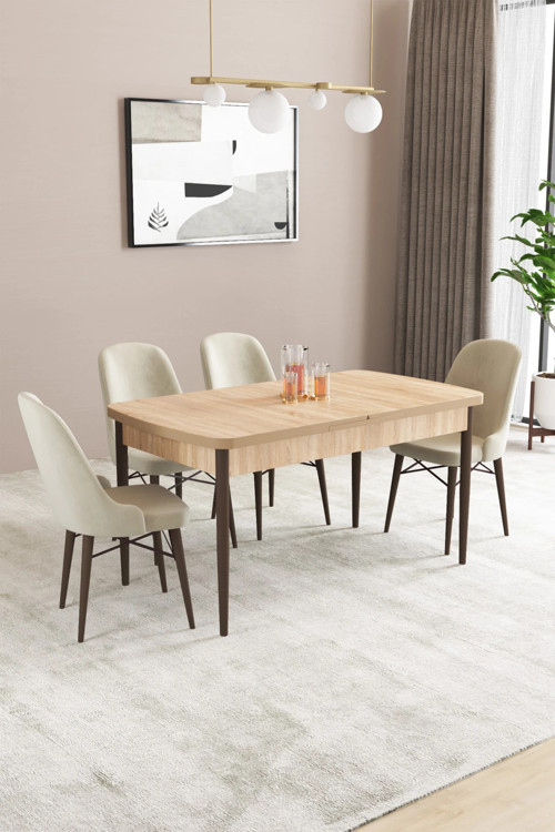 Almira Serisi, Meşe Desen 80X132 Açılabilir Mdf Mutfak Masası Takımı 4 Adet Sandalye