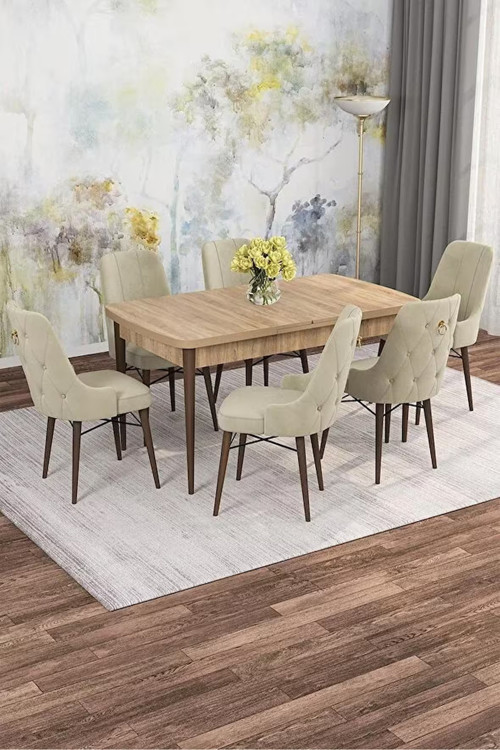 Zümra Serisi, Meşe Desen 80X132 Açılabilir Mdf Mutfak Masası Takımı 6 Adet Sandalye